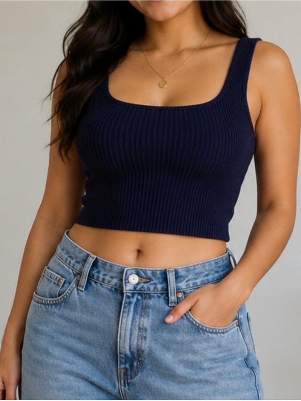 House of Harlow 1960 Ribbed Square Neck Crop Tank Navy Size M